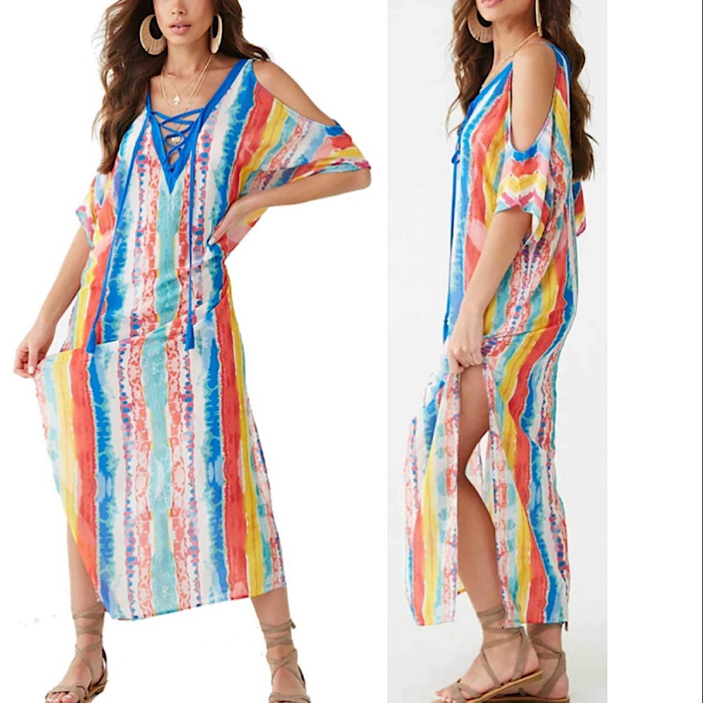 NWOT Boho V-Neck Cold Shoulder Batwing Sleeves Side Split Hem Maxi Women’s Dress